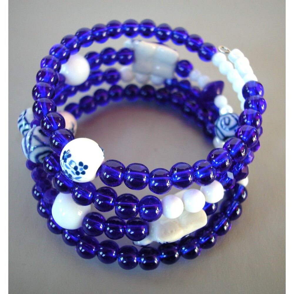 Blue & White Beaded Coil Wrap Bracelet Size 7